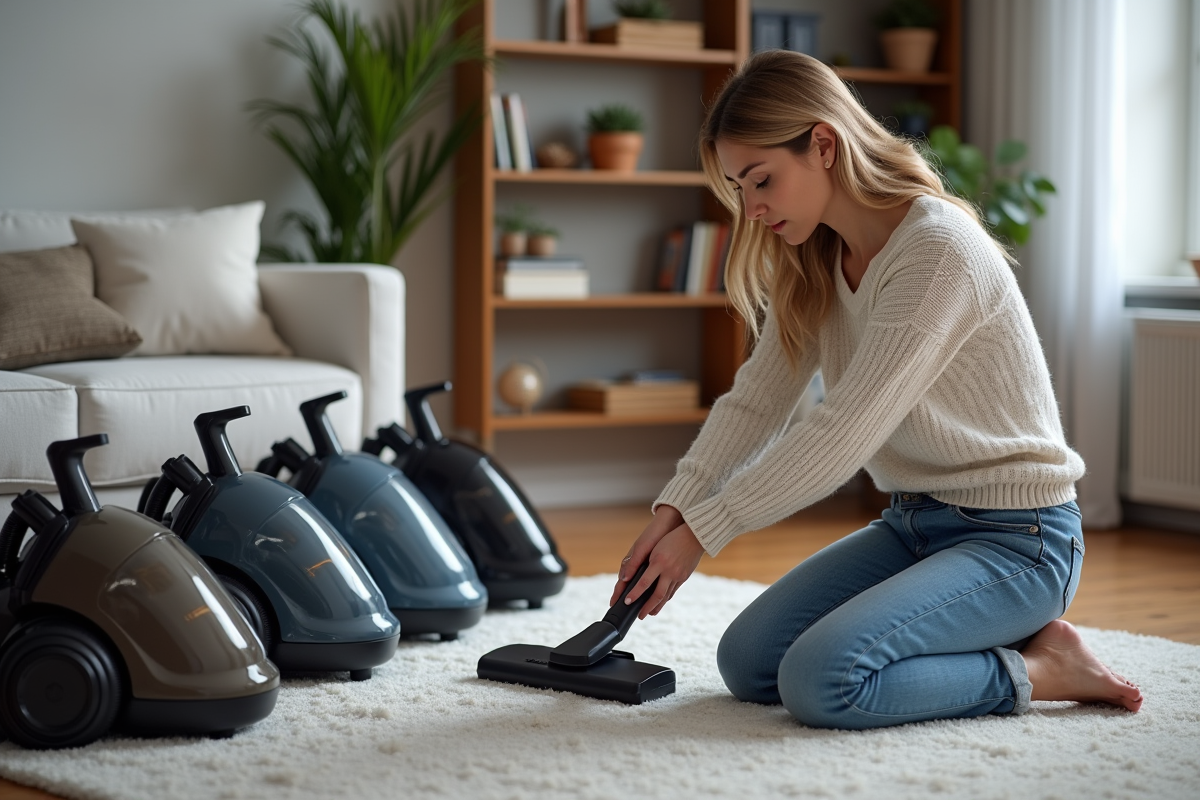 Femme d'âge moyen examine des aspirateurs en ligne dans un salon