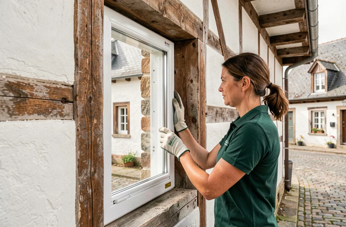 Professionnelle posant une fenêtre en PVC sur une maison à colombages en Bretagne pour Fermetures du Porhoët