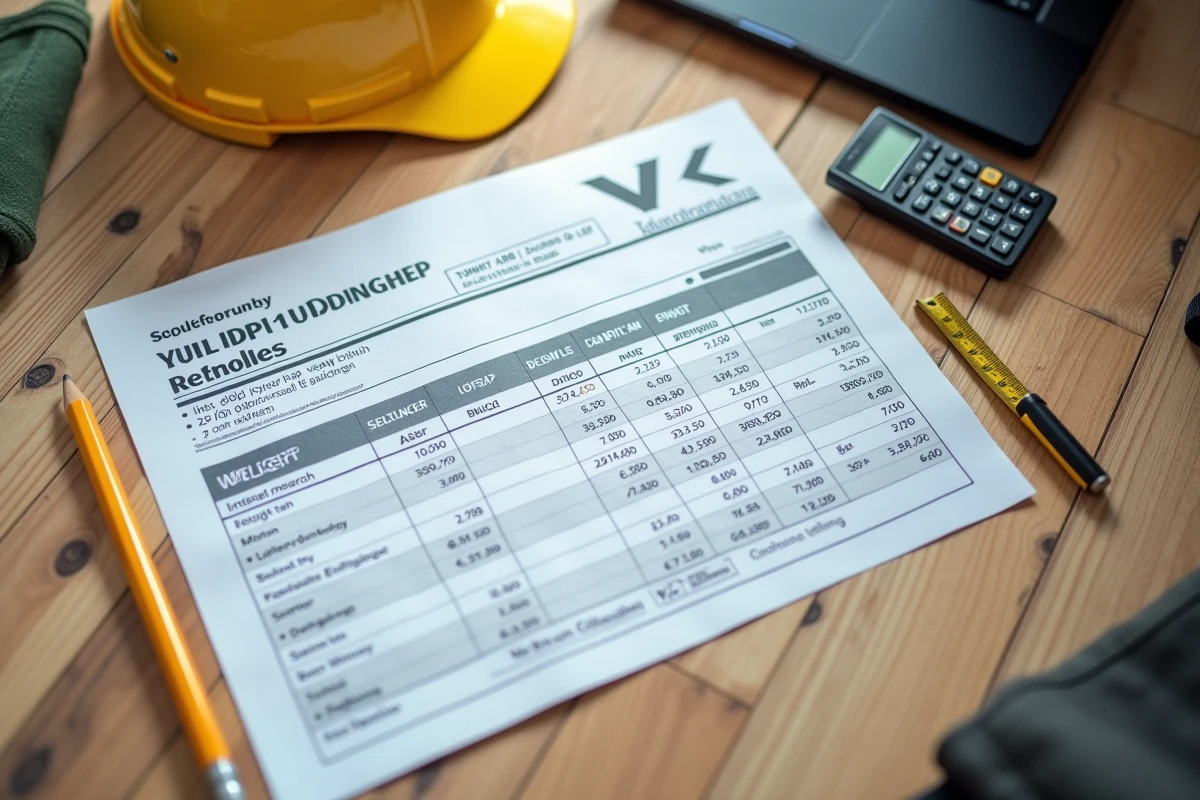 Fiche technique sable poids au mètre cube posée sur un bureau de chantier avec calculatrice et mètre ruban