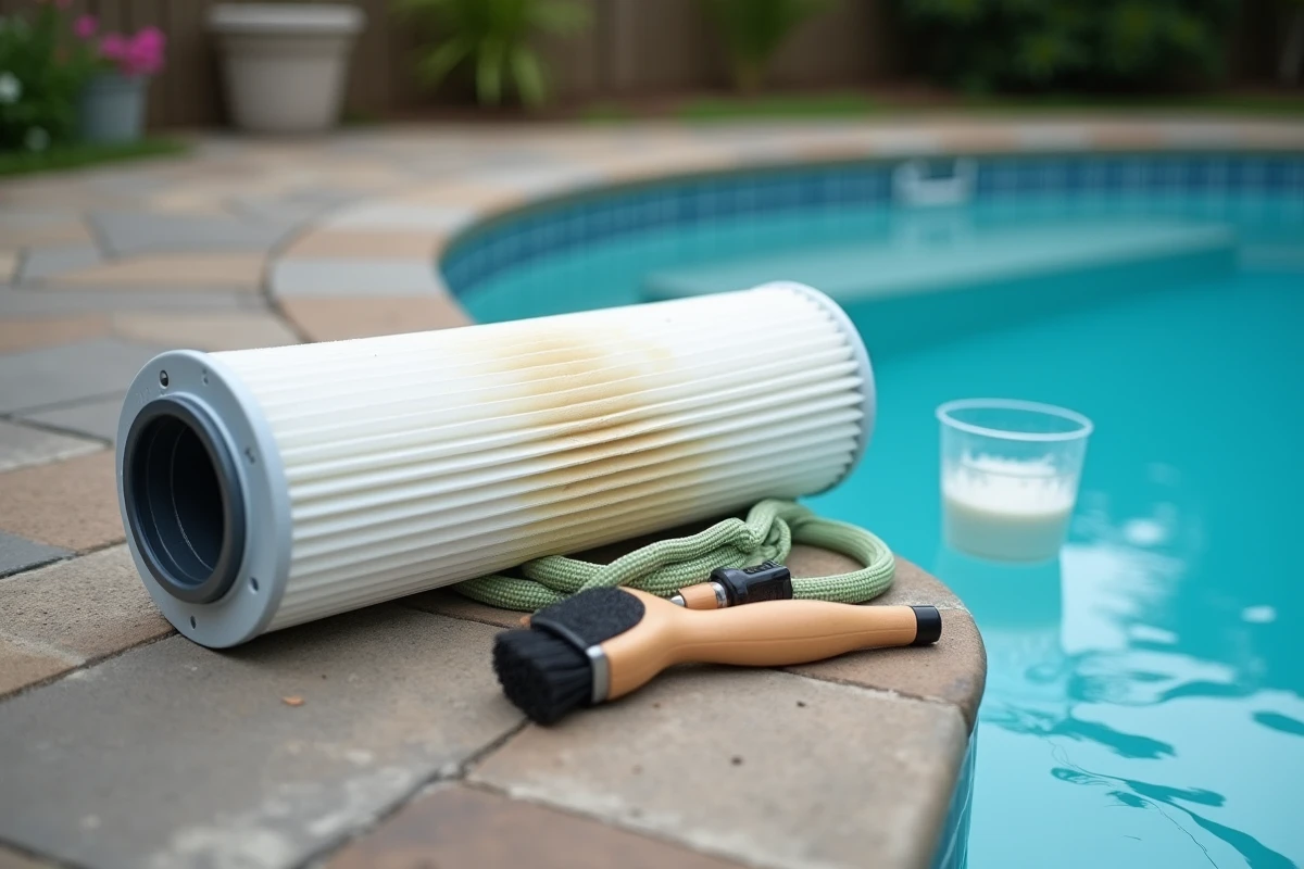 Filtre cartouche de piscine encrassé par un excès de clarifiant posé sur le bord de la piscine avec outils de nettoyage