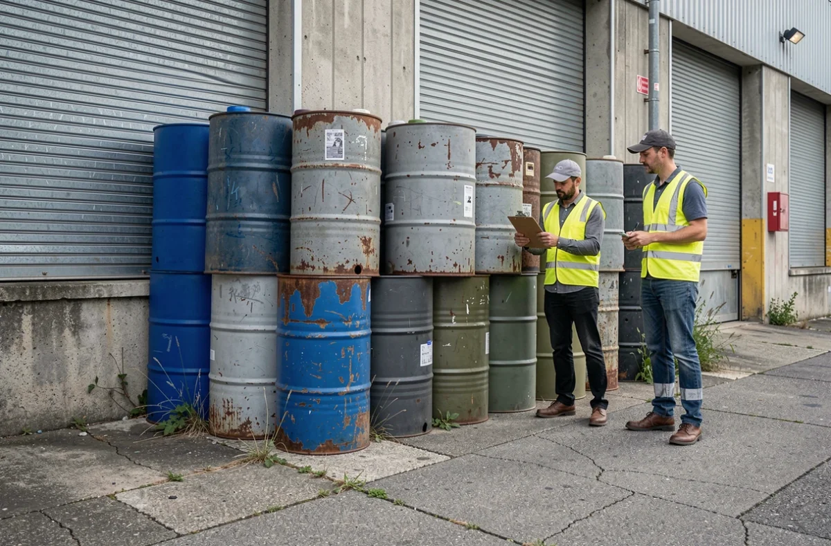 Rangée de fûts industriels de 200 litres empilés devant un entrepôt avec un homme en gilet de sécurité