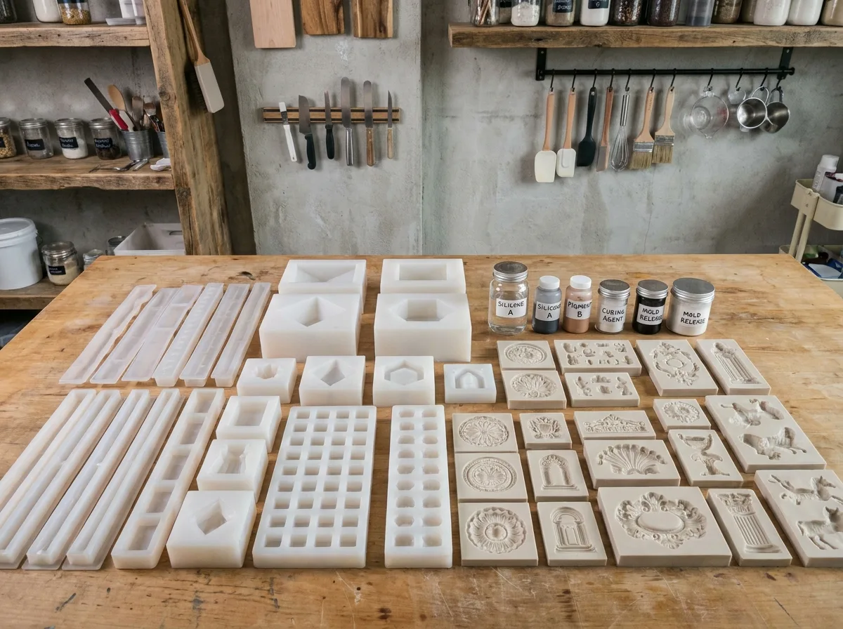 Gamme variée de moules en silicone et contenants de silicone liquide disposés sur un établi en bois