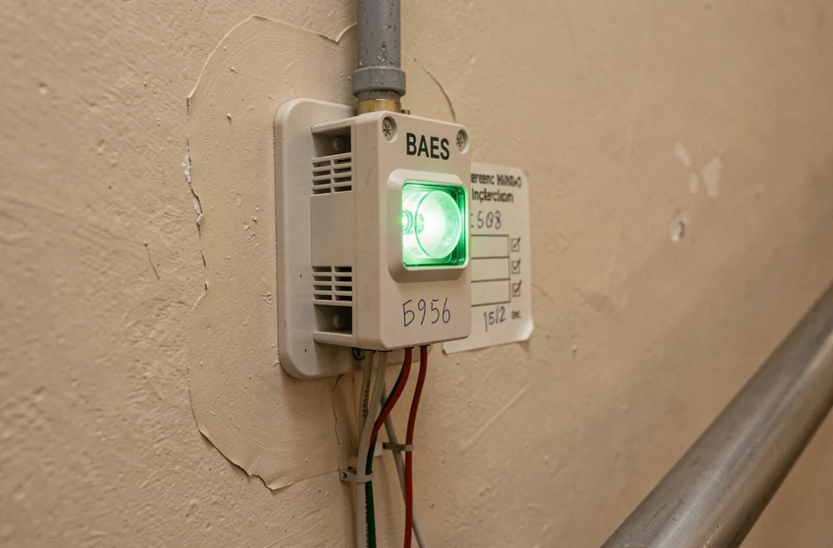 Gros plan sur un BAES fixé au mur avec voyant vert allumé et étiquette de contrôle lors d'une réception de travaux