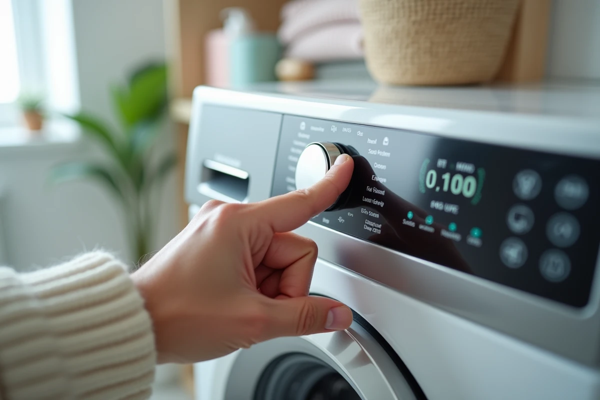 Gros plan sur le panneau de commande numérique d'un lave-linge Whirlpool 6th Sense 9kg avec doigt appuyant sur un bouton de programme