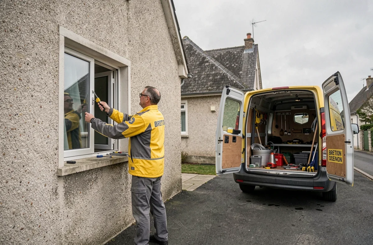 Technicien de dépannage réparant une charnière de fenêtre en urgence sur une maison bretonne pour GWEN Dépannage Guenahel GUILLARD dans le Morbihan