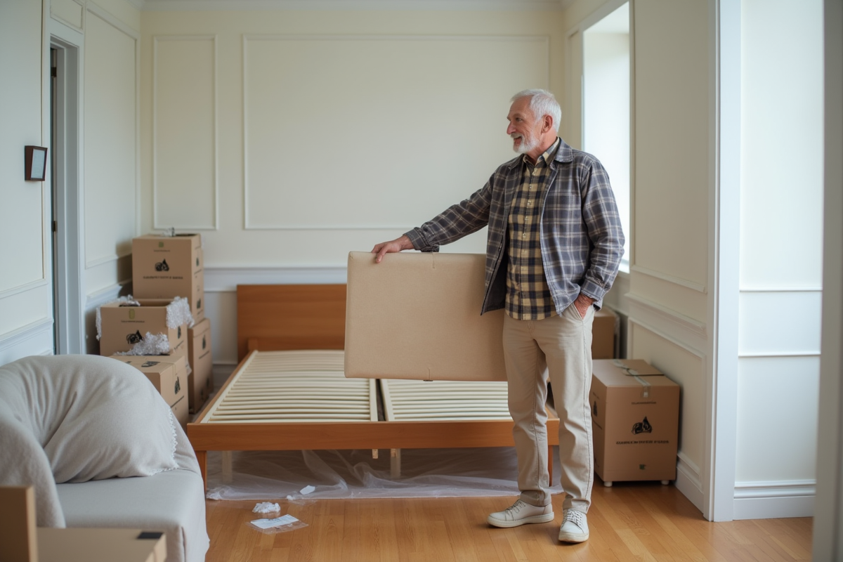 Homme plus âgé tenant une tête de lit dans un couloir moderne