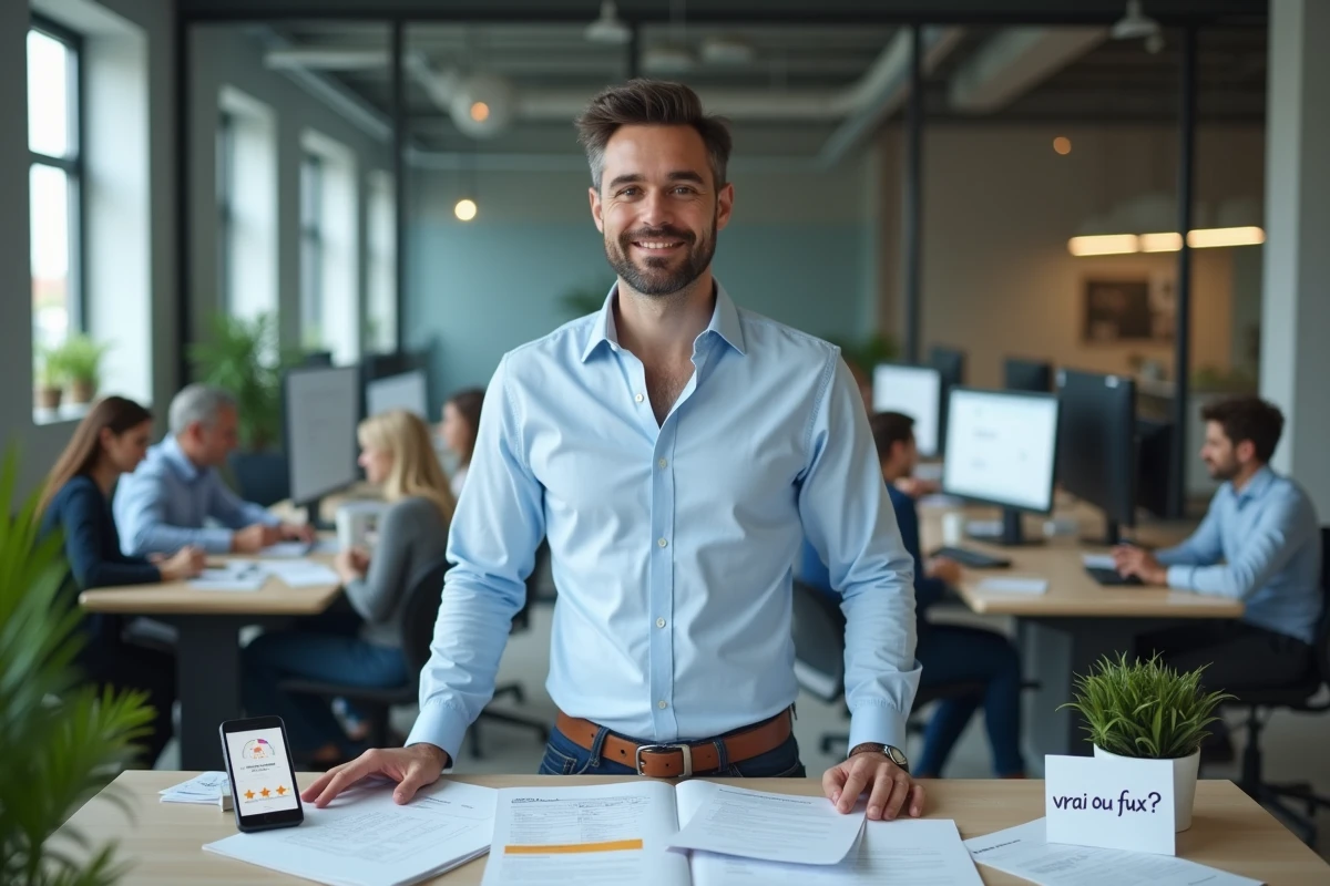 Homme analysant des avis consommateurs dans un bureau moderne avec smartphone et documents imprimés