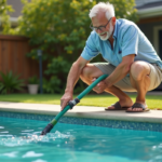 Homme d'âge moyen près de la piscine dans le jardin