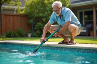 Homme d'âge moyen près de la piscine dans le jardin