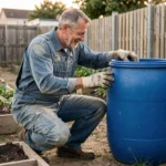Homme bricoleur inspectant un fût de 200 litres en plastique bleu dans un jardin potager pour le récupérer