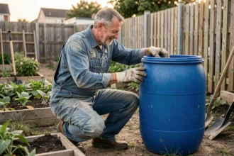 Homme bricoleur inspectant un fût de 200 litres en plastique bleu dans un jardin potager pour le récupérer