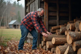 Homme d'âge moyen empilant du bois dans une ferme rustique