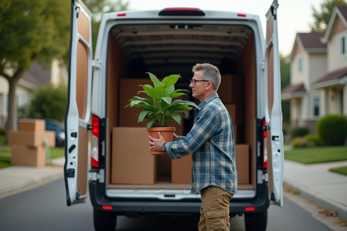 Homme chargeant une plante dans un camion de déménagement