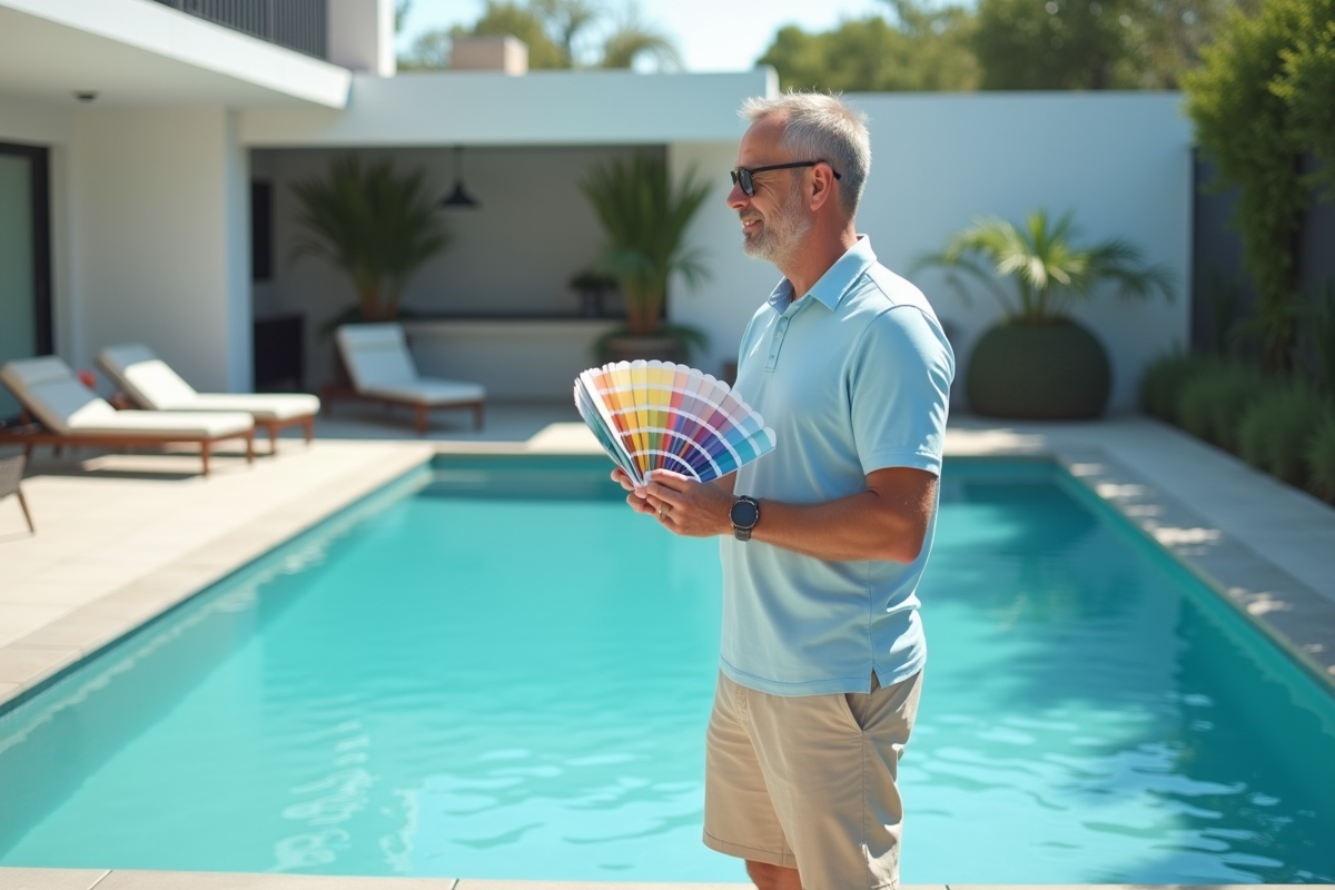 Homme comparant un échantillon de couleur à la piscine