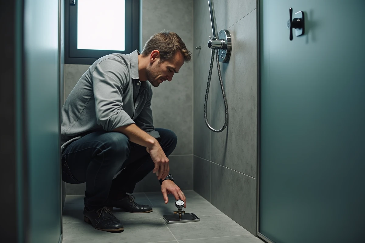 Homme examinant un débitmètre analogique fixé sur le tuyau de sa douche pour mesurer et réduire sa consommation d'eau