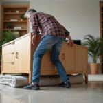 Homme d'âge moyen déplaçant un meuble en bois dans un salon lumineux