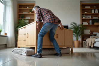 Homme d'âge moyen déplaçant un meuble en bois dans un salon lumineux