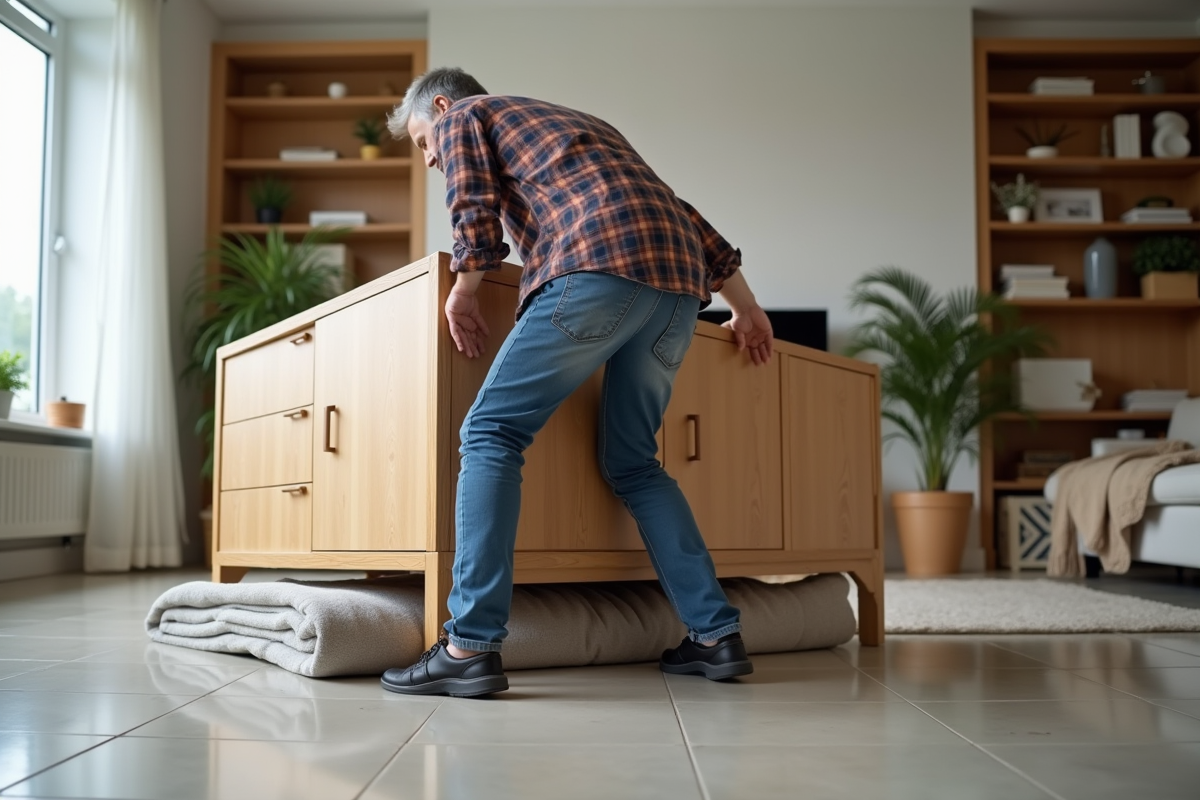 Homme d'âge moyen déplaçant un meuble en bois dans un salon lumineux