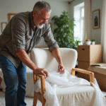 Homme emballant une chaise en bois dans un salon chaleureux