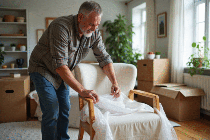 Homme emballant une chaise en bois dans un salon chaleureux