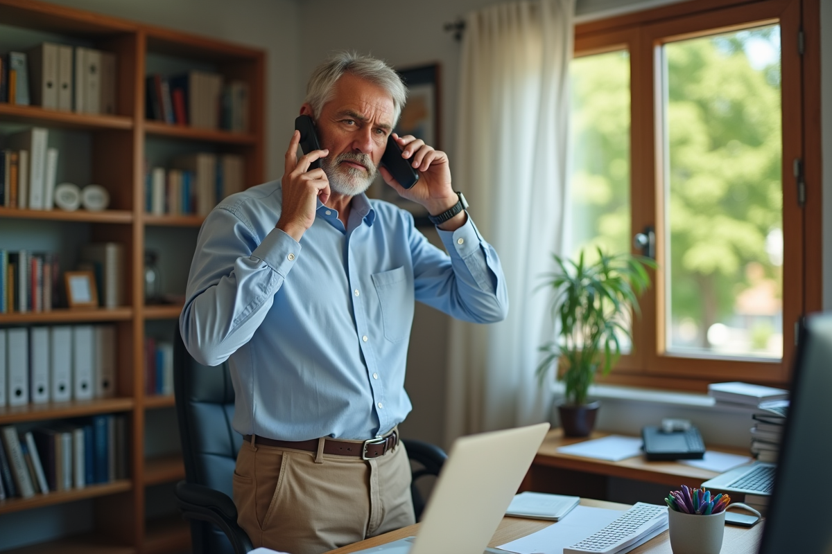 Homme au bureau appelant en notant ses contacts pour son changement d