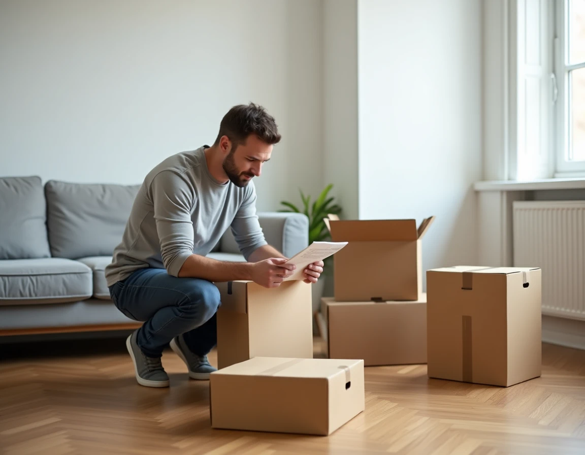 Homme inspectant une commande de meuble Ancronix Maison après livraison dans un salon