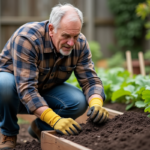Homme en flanelle et gants étalant compost dans le jardin