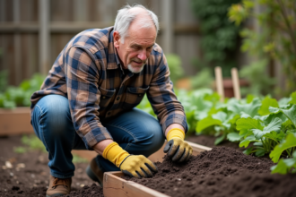 Homme en flanelle et gants étalant compost dans le jardin