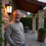 Homme souriant ajustant une lanterne sur un patio extérieur