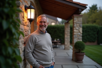 Homme souriant ajustant une lanterne sur un patio extérieur