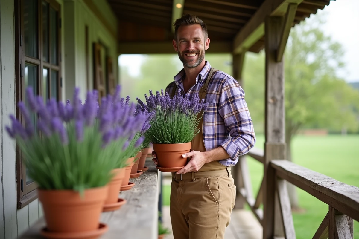 Jeune homme posant des pots de lavande sur la terrasse