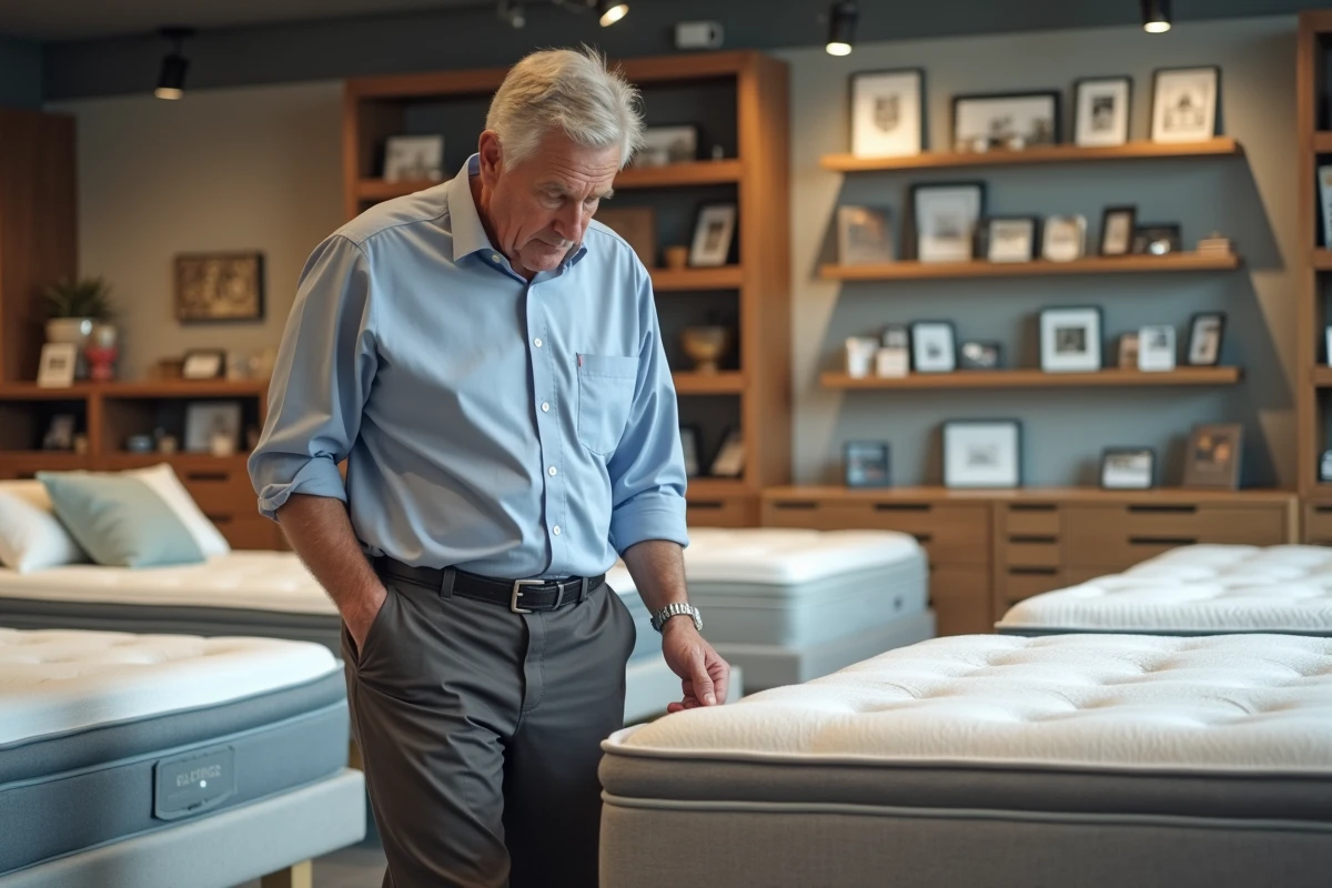 Homme examine étiquettes de matelas dans un showroom