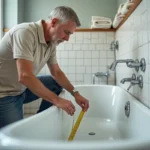 Homme mesurant une baignoire blanche avec un mètre