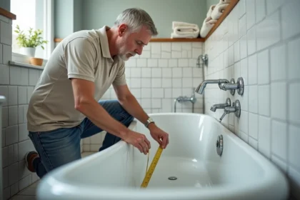 Homme mesurant une baignoire blanche avec un mètre