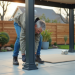 Homme en jeans ajustant une ancre de métal sur un gazebo extérieur