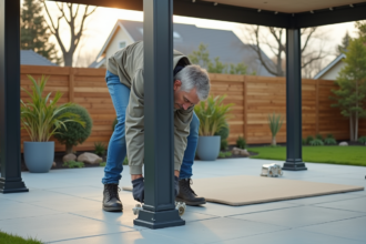 Homme en jeans ajustant une ancre de métal sur un gazebo extérieur
