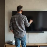 Homme regardant un téléviseur mural dans un salon moderne