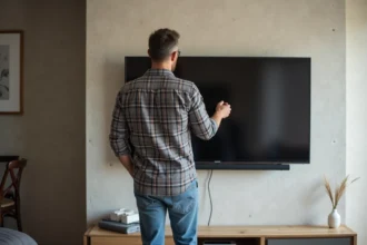 Homme regardant un téléviseur mural dans un salon moderne
