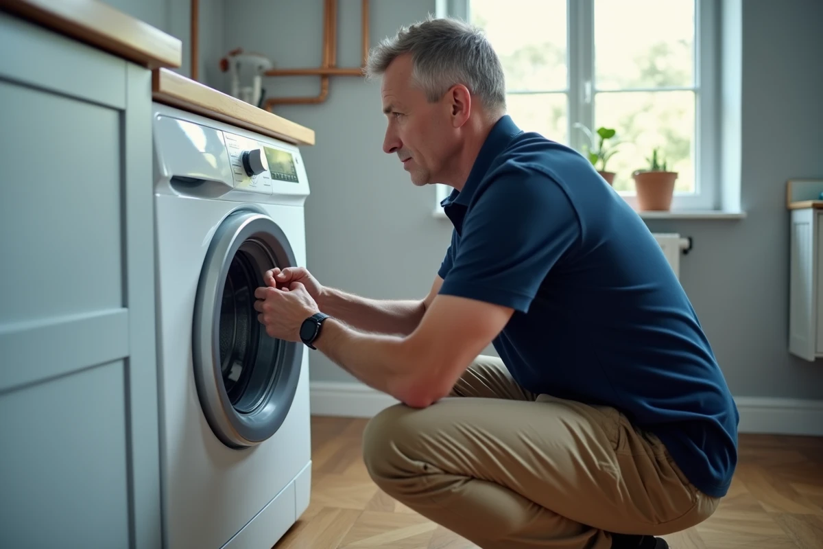 Homme examinant le panneau de commande d'un lave-linge Whirlpool 9kg avec technologie 6th Sense sans notice papier