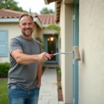 Homme en train de peindre une façade de maison en extérieur