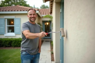Homme en train de peindre une façade de maison en extérieur