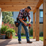 Homme d'âge moyen utilisant une perceuse pour fixer une pergola dans le jardin