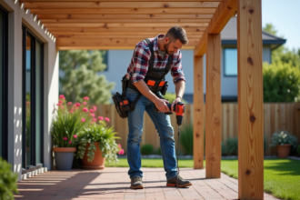Homme d'âge moyen utilisant une perceuse pour fixer une pergola dans le jardin