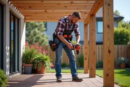 Homme d'âge moyen utilisant une perceuse pour fixer une pergola dans le jardin