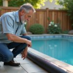 Homme regardant un tuyau noir près de la piscine dans le jardin