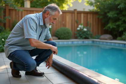 Homme regardant un tuyau noir près de la piscine dans le jardin