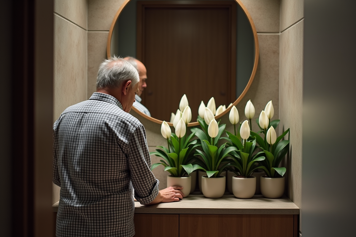 Homme âgé arrangeant des plantes dans une salle de bain