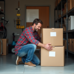 Homme d'âge moyen organisant des cartons dans un garage