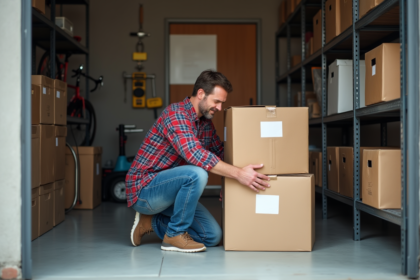 Homme d'âge moyen organisant des cartons dans un garage