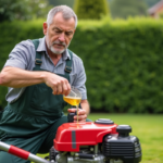 Homme en tenue de travail remplissant une tondeuse à l'huile dans un jardin